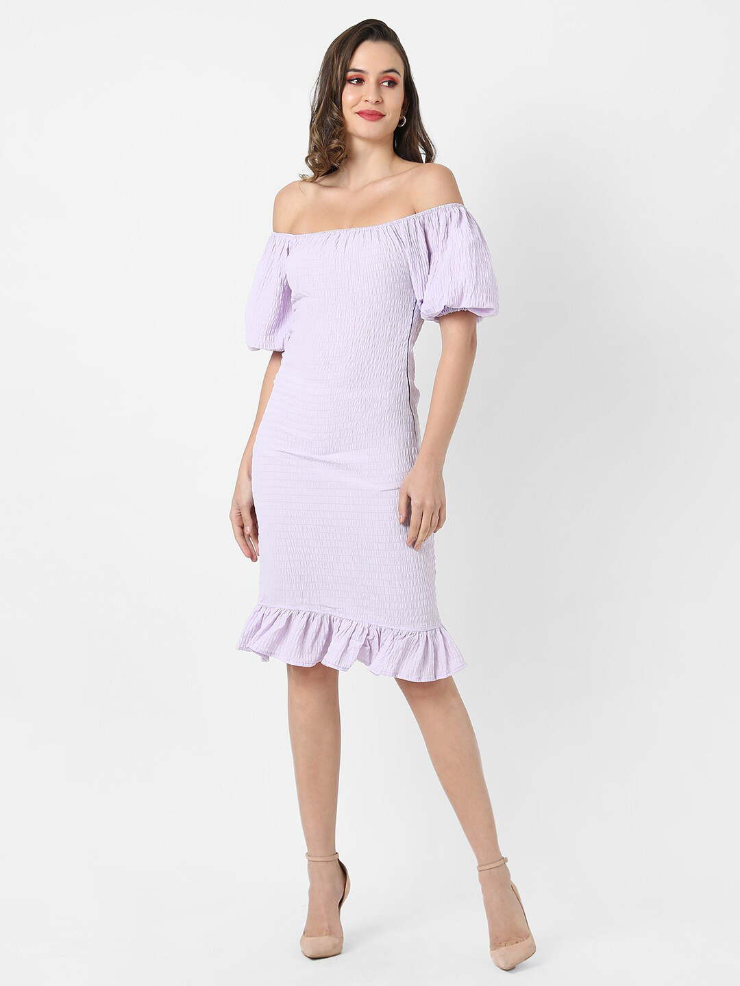 Campus Sutra Women Purple Solid Off-Shoulder Crepe Sheath Dress