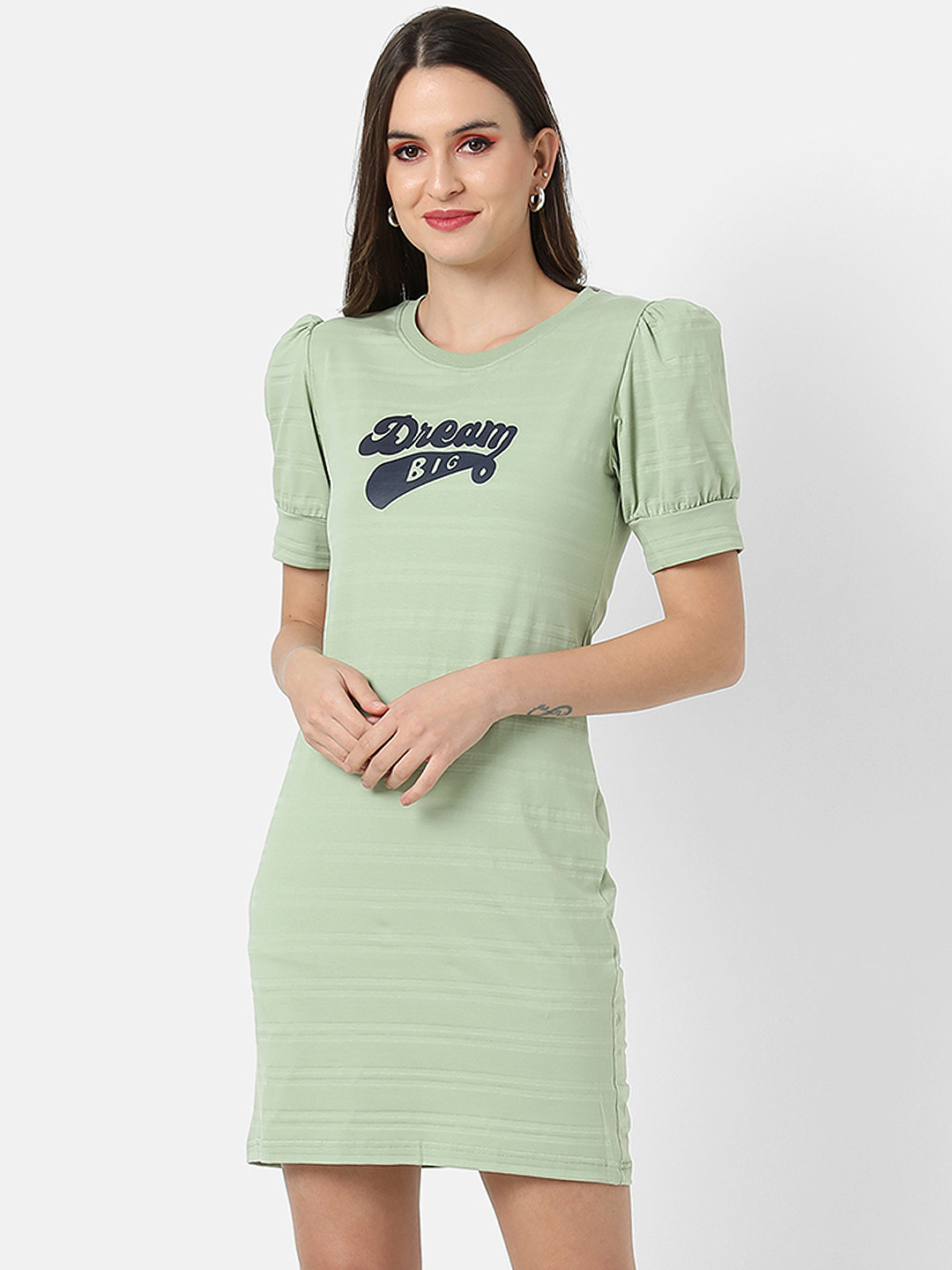 Campus Sutra Green & Navy Blue Printed Cotton T-shirt Mini Dress