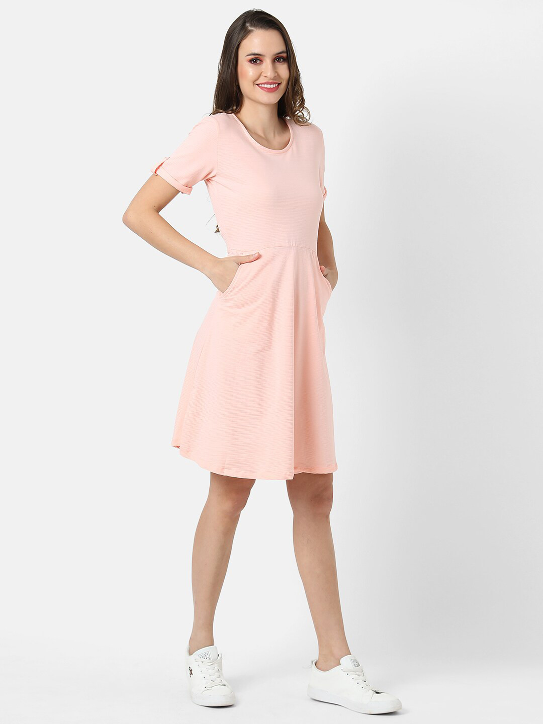 Campus Sutra Peach-Coloured Striped Cotton Dress