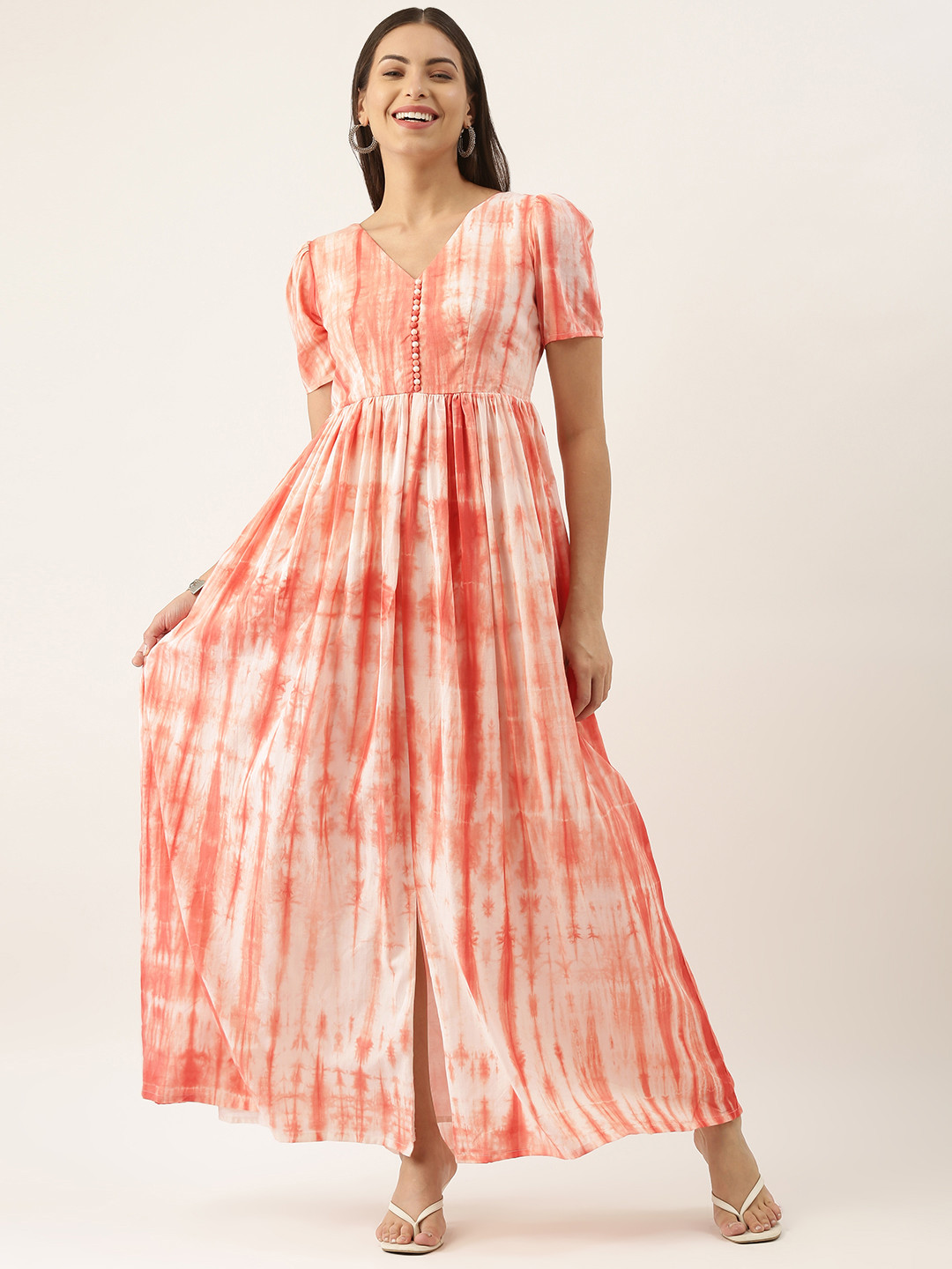 Ethnovog Orange  White Tie and Dye Satin Maxi Dress