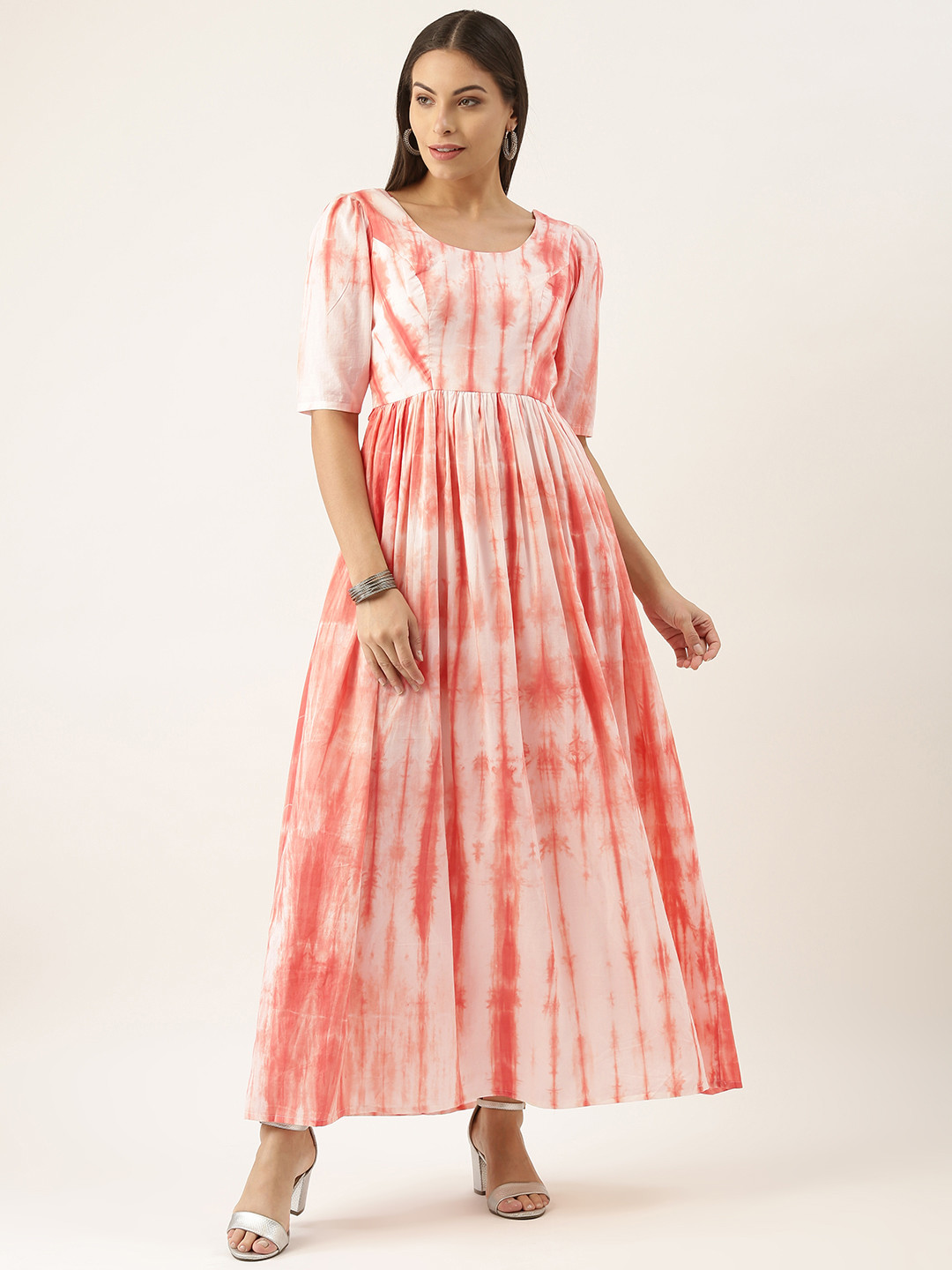 Ethnovog Orange  White Tie and Dye Satin Maxi Dress