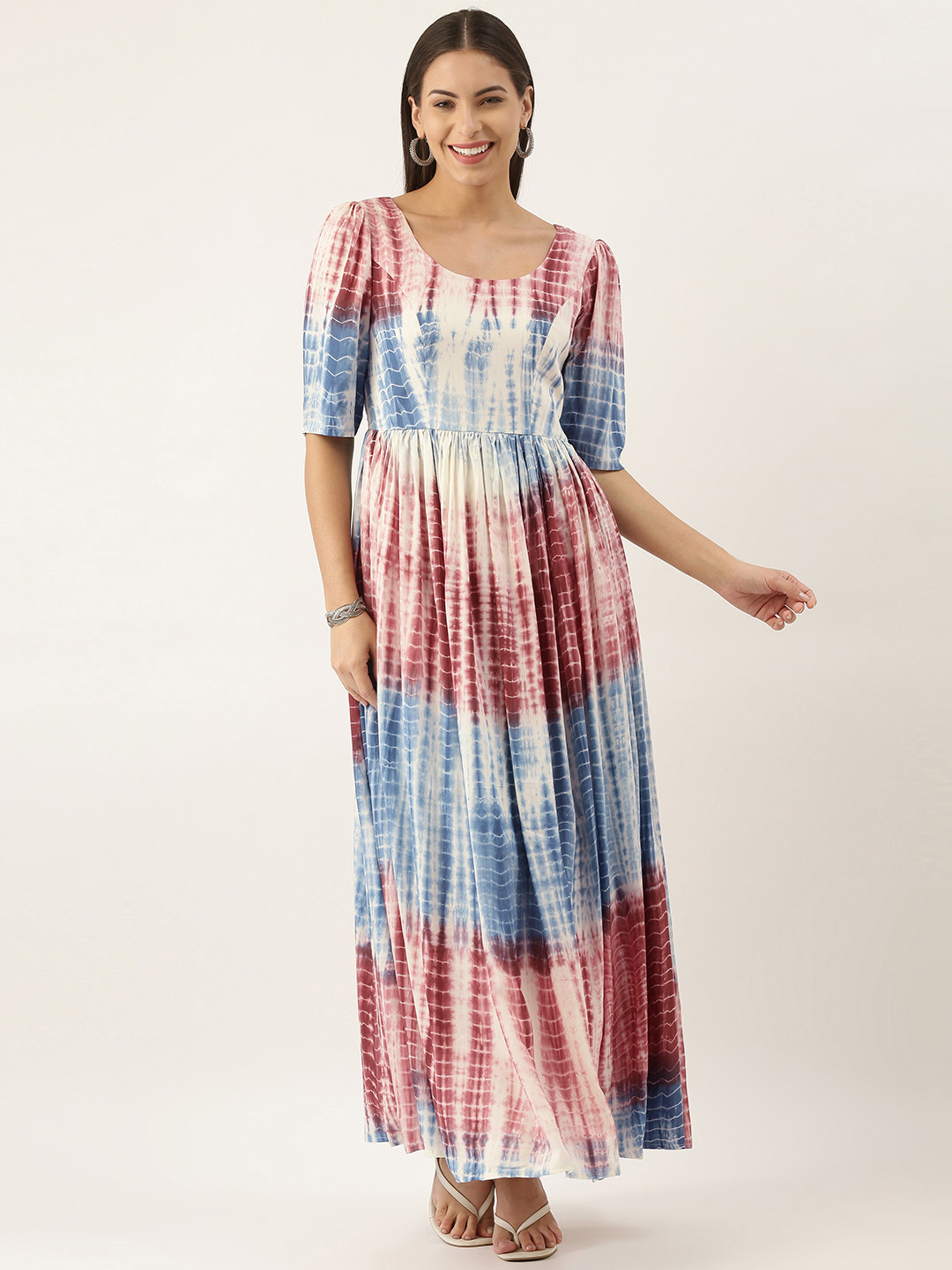 Ethnovog Blue  Maroon Tie and Dye Maxi Dress