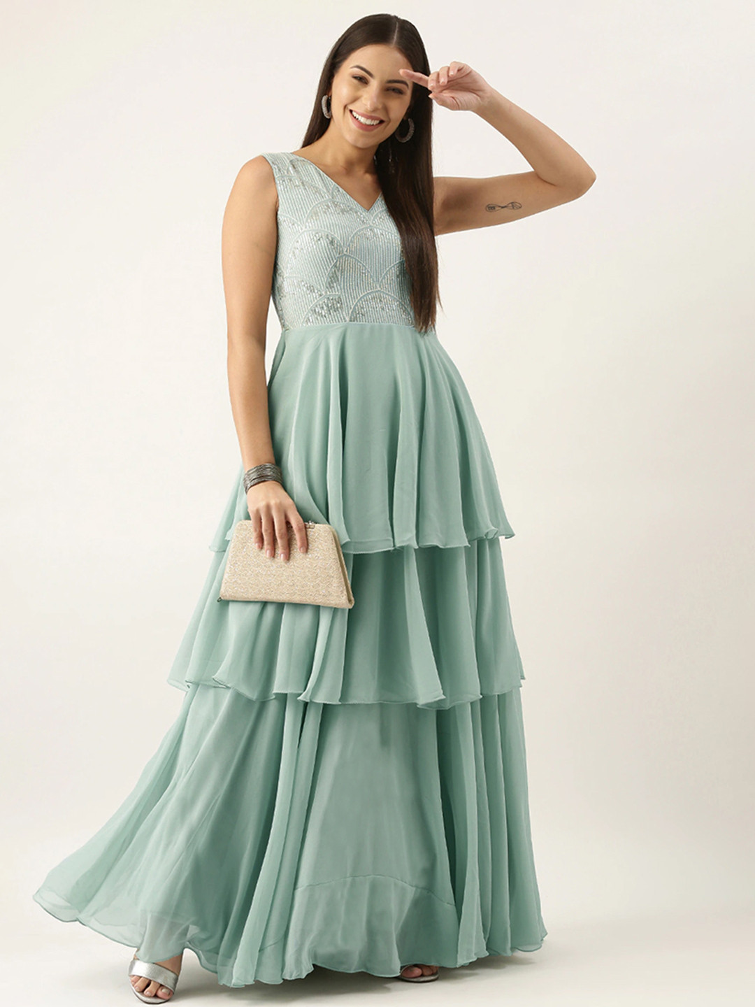 Ethnovog Green Layered Sequinned Georgette Maxi Dress