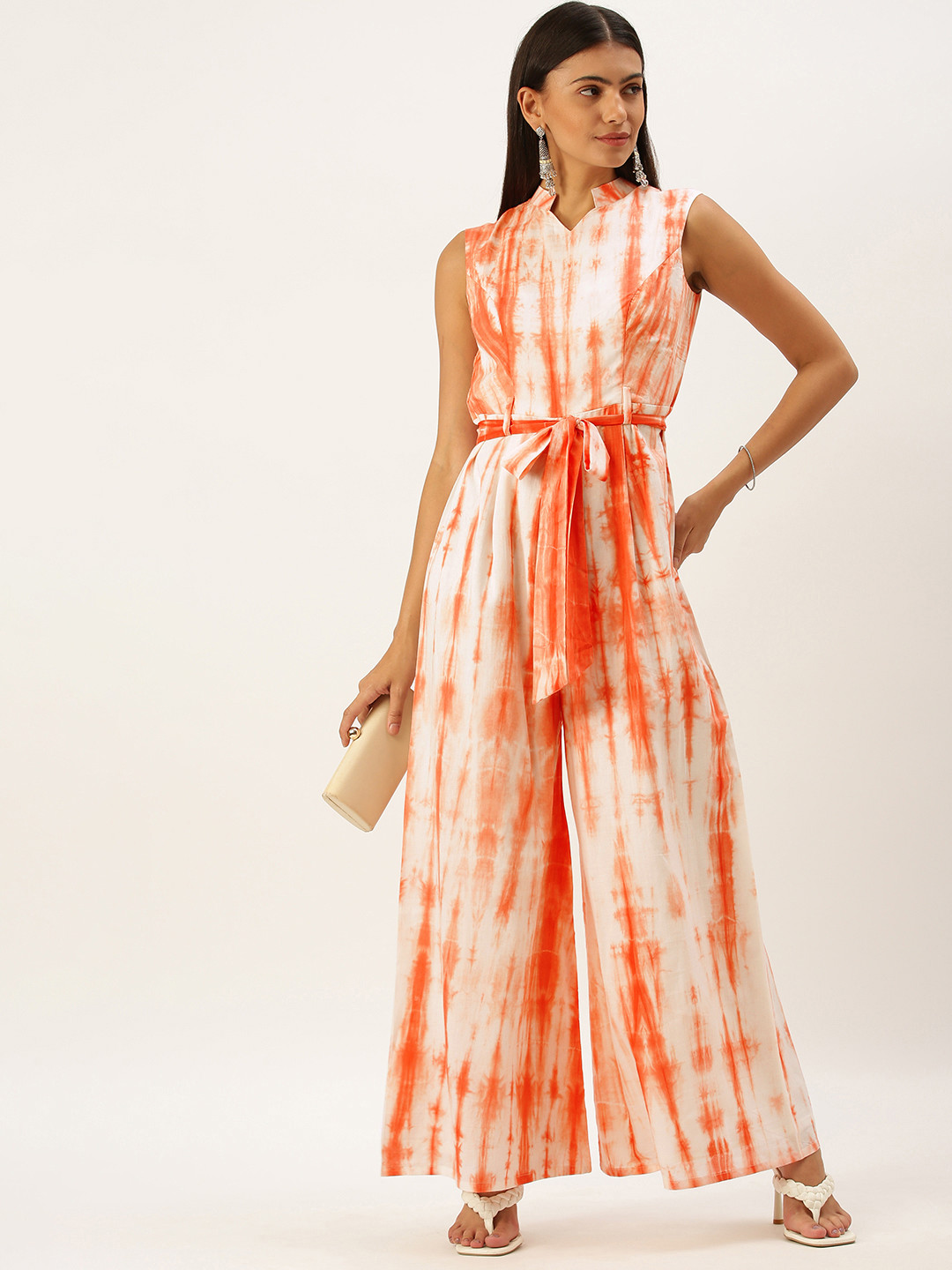 Ethnovog Women Orange  White Tie  Dye Printed Basic Jumpsuit Comes with a Belt