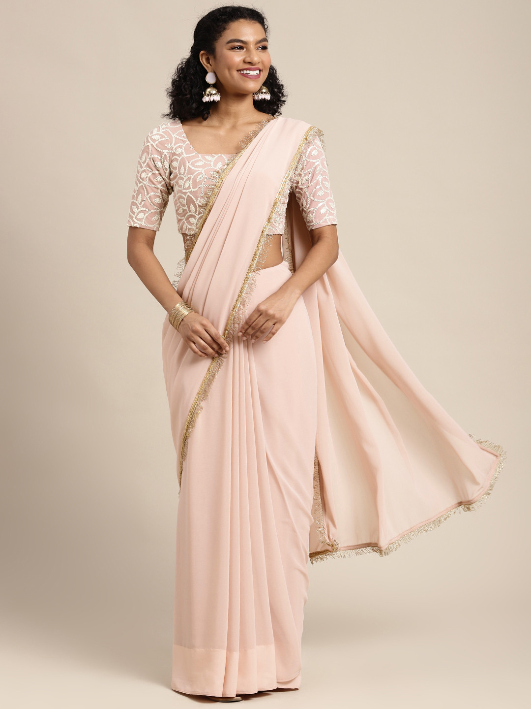 Ethnovog Pink Solid Gotta Patti Embroidered Border Saree