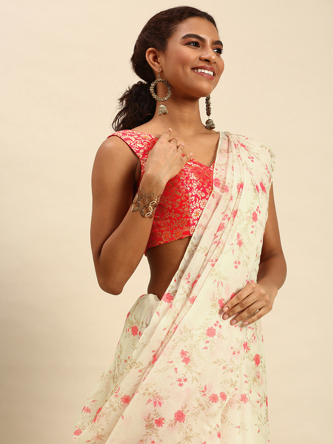 Ethnovog Off White Pink Floral Print Organza Saree With Stitched Blouse