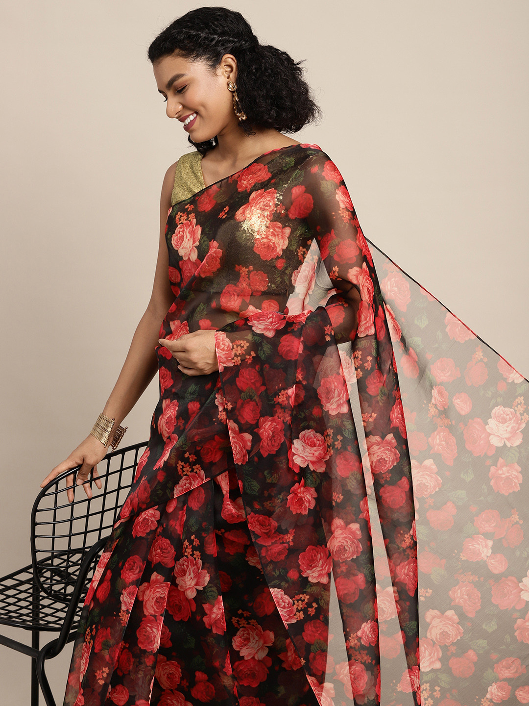 Ethnovog Coffee Brown  Pink Floral Printed Organza Saree