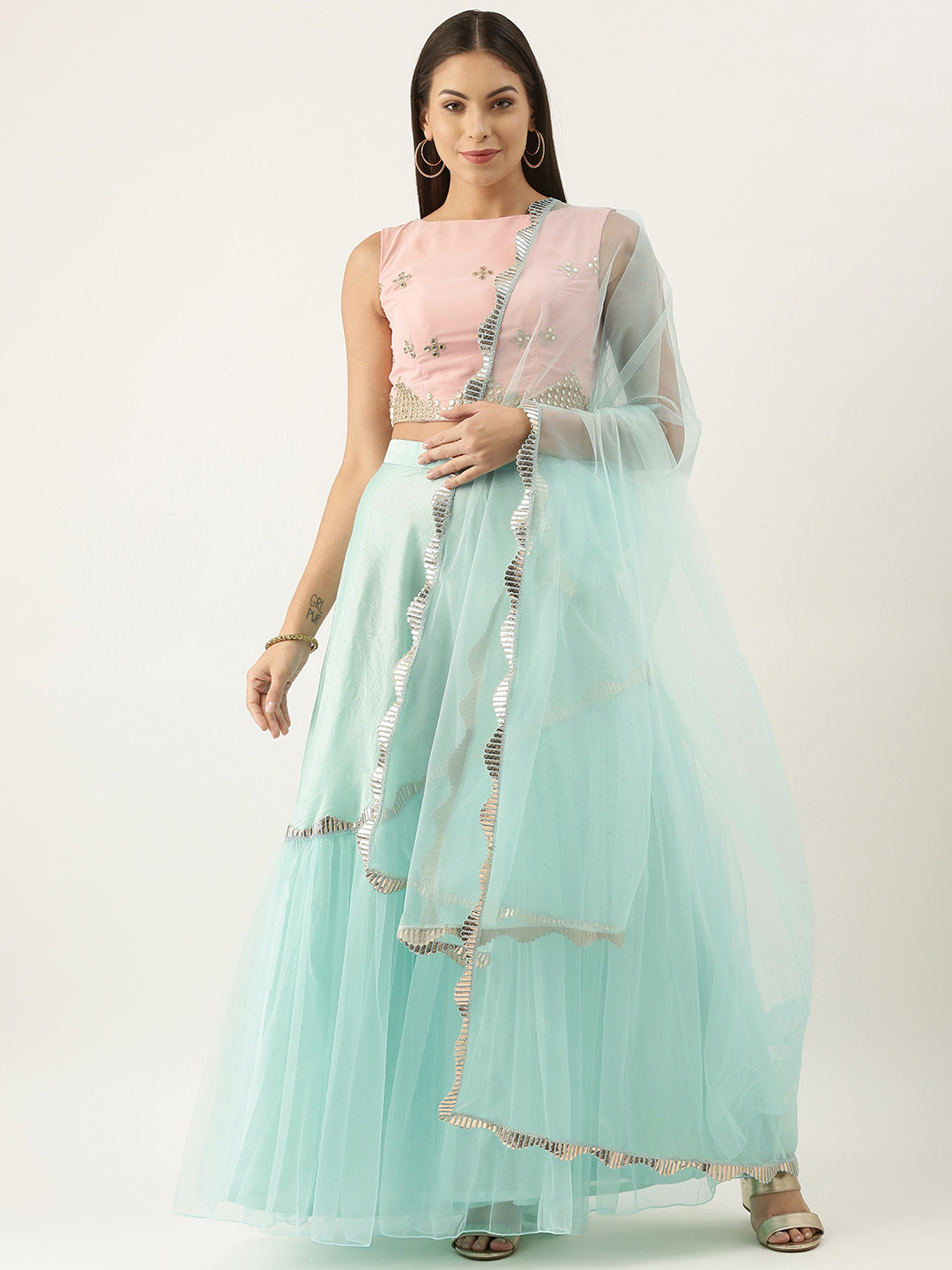 Ethnovog Mauve  Blue Embellished Mirror Work Made to Measure Lehenga  Blouse With Dupatta