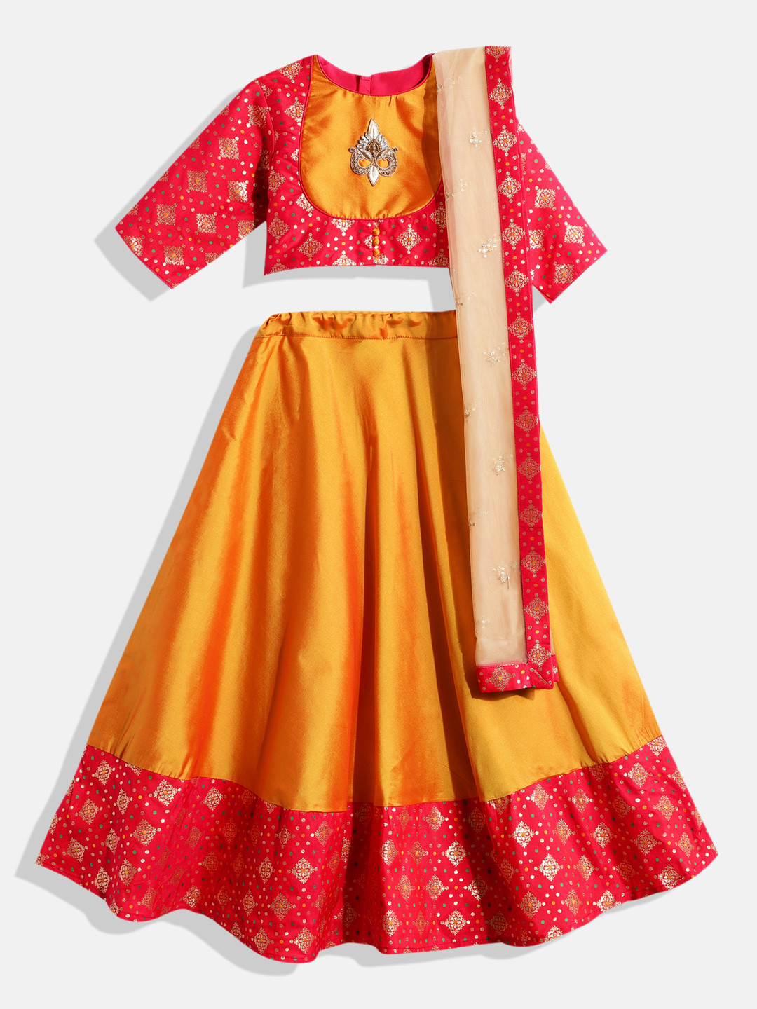 Ethnovog Girls Red  Yellow Printed Beads and Stones Ready to Wear Lehenga Set