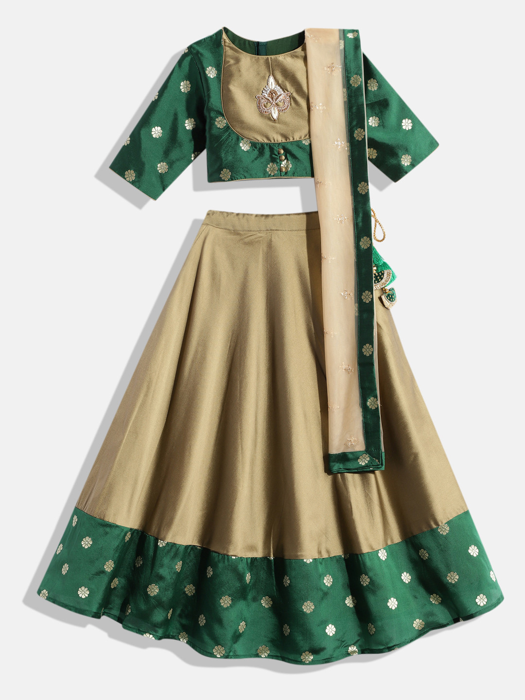 Ethnovog Girls Green  Beige Printed Beads and Stones Lehenga  Blouse With Dupatta