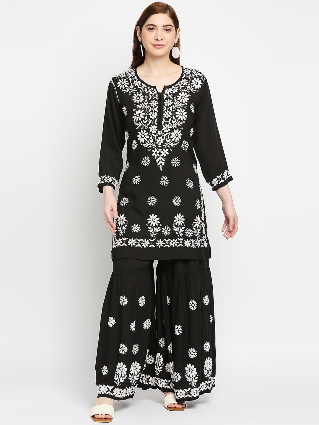 Indiankala4u Women Black Floral Embroidered Chikankari Kurti with Sharara