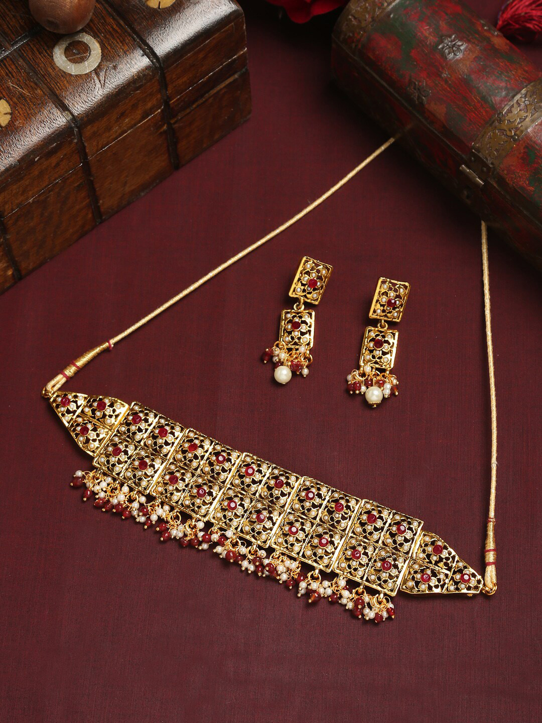 YouBella Gold-Plated Red & White Stone-Studded Jewellery Set