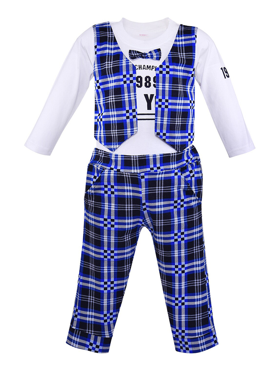 Wish Karo Girls Blue & White Checked T-shirt with Trousers