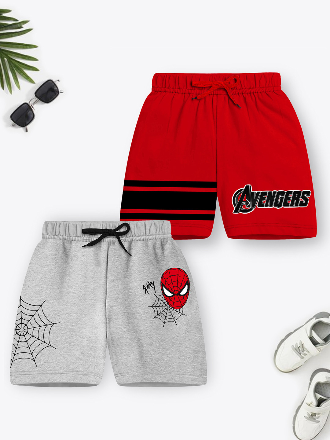 YK Marvel Pack f 2 Kids Red & Grey Melange Printed Avengers Shorts