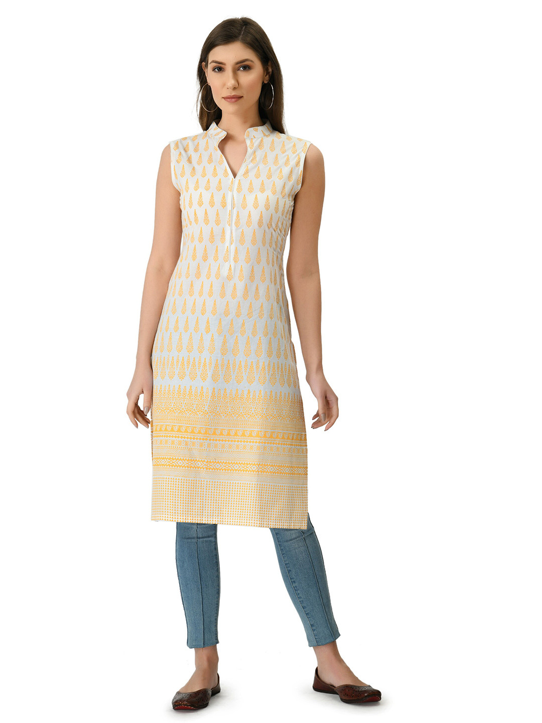 EZIS FASHION White & Yellow Ethnic Motifs Printed Floral Kurta