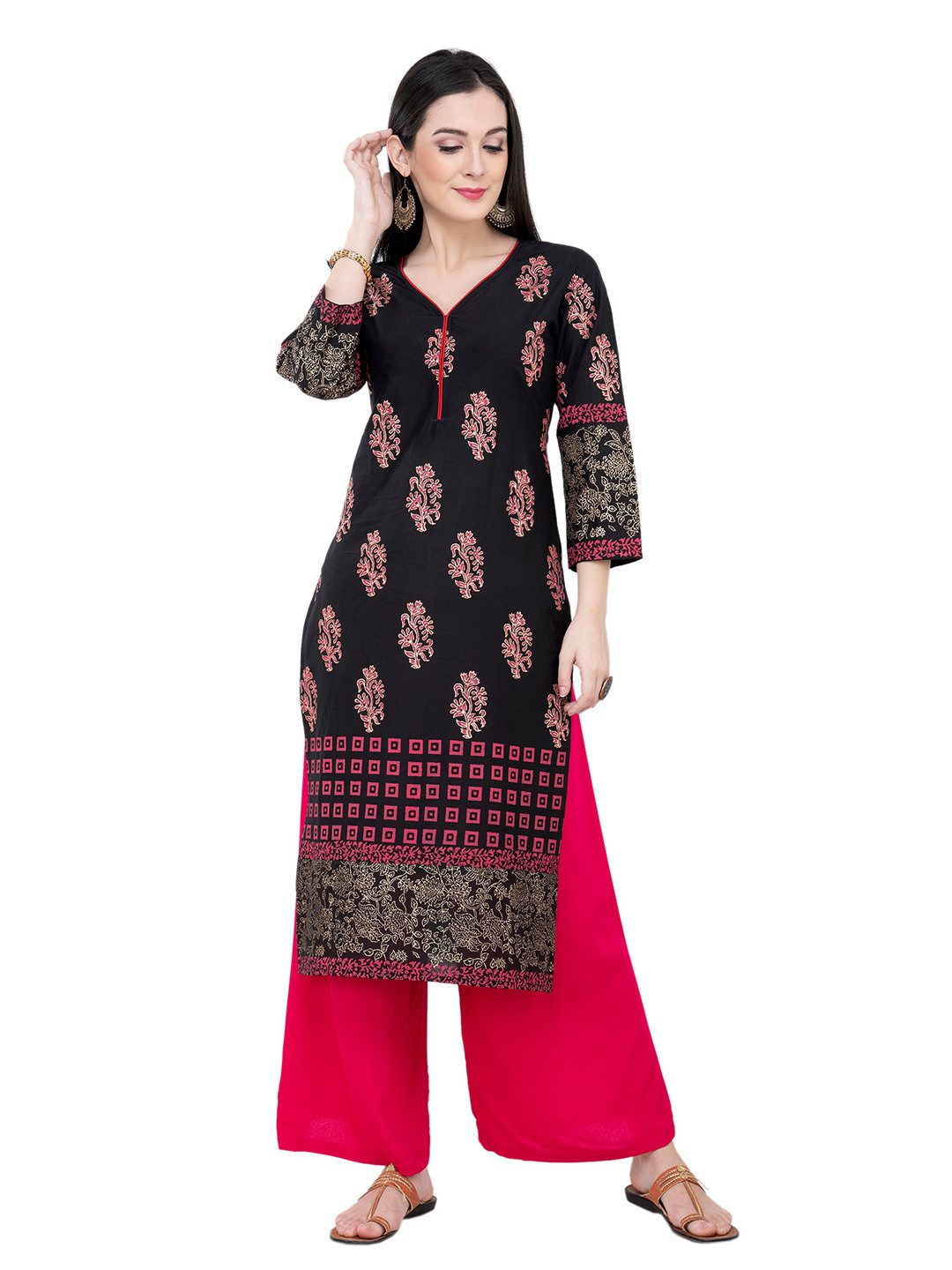EZIS FASHION Women Black & Red Floral Printed Floral Pure Cotton Kurta