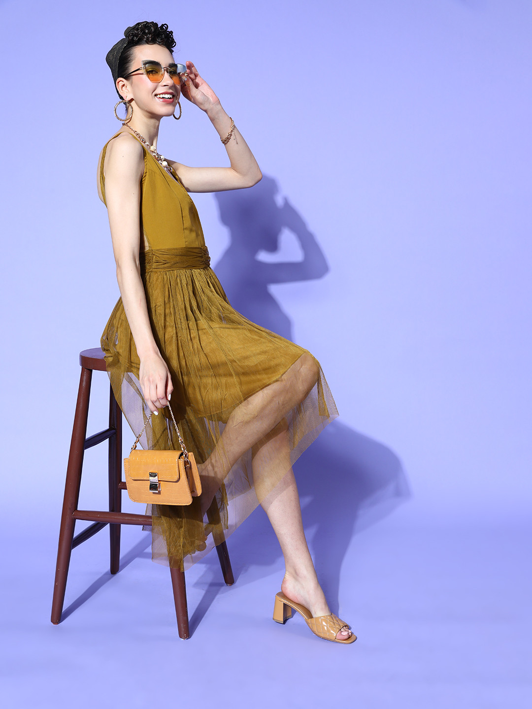 U&F Women Stylish Mustard Solid New Neckline Dress