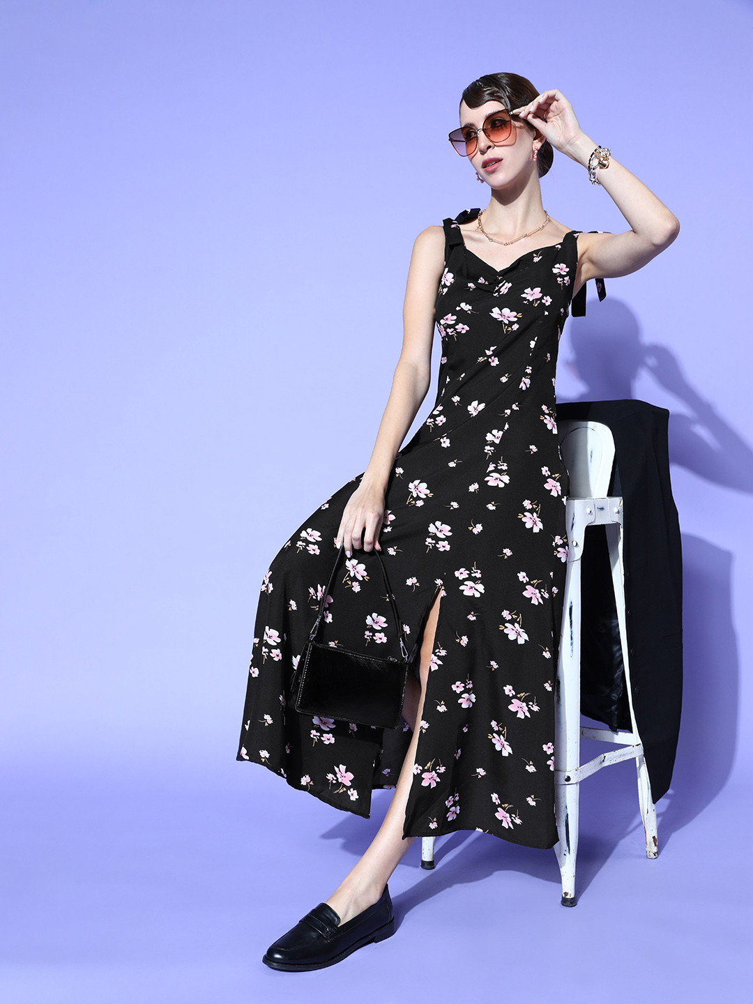 U&F Women Stylish Black Floral Sun Dress