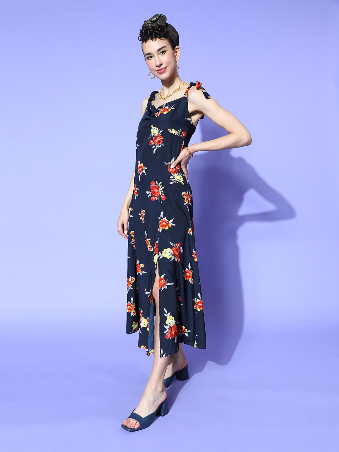 U&F Women Deep Navy Blue Floral Sun Dress