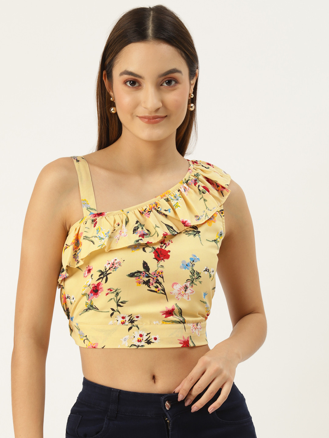 BRINNS Yellow & Red Floral Print One Shoulder Ruffles Crepe Crop Top