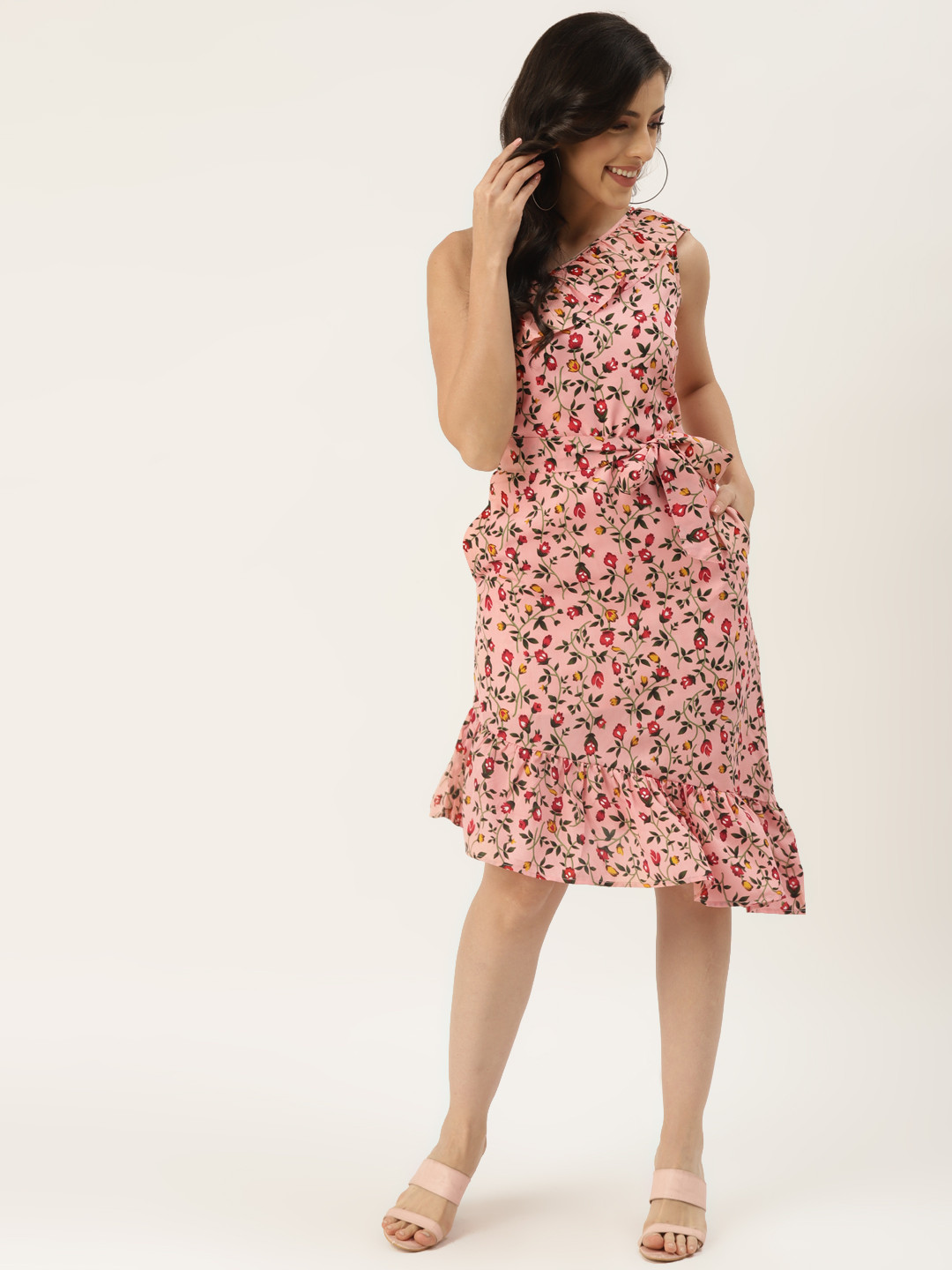 BRINNS Pink & Green Floral One Shoulder A-Line Dress