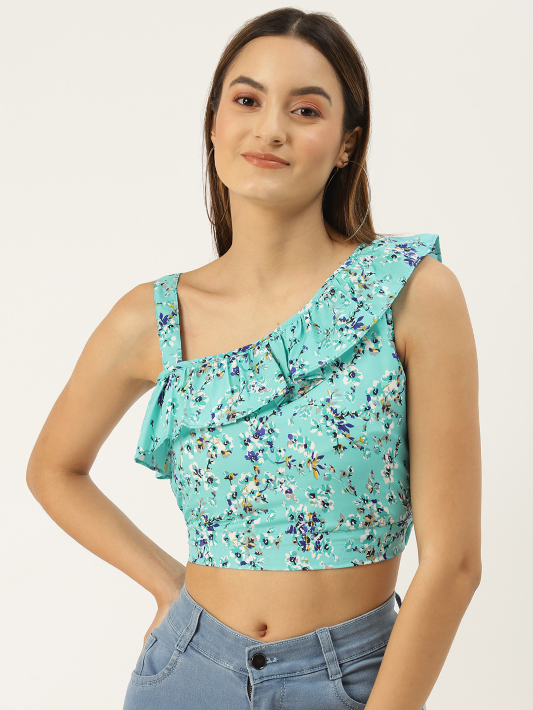 BRINNS Turquoise Blue Floral Print One Shoulder Ruffles Crepe Crop Top