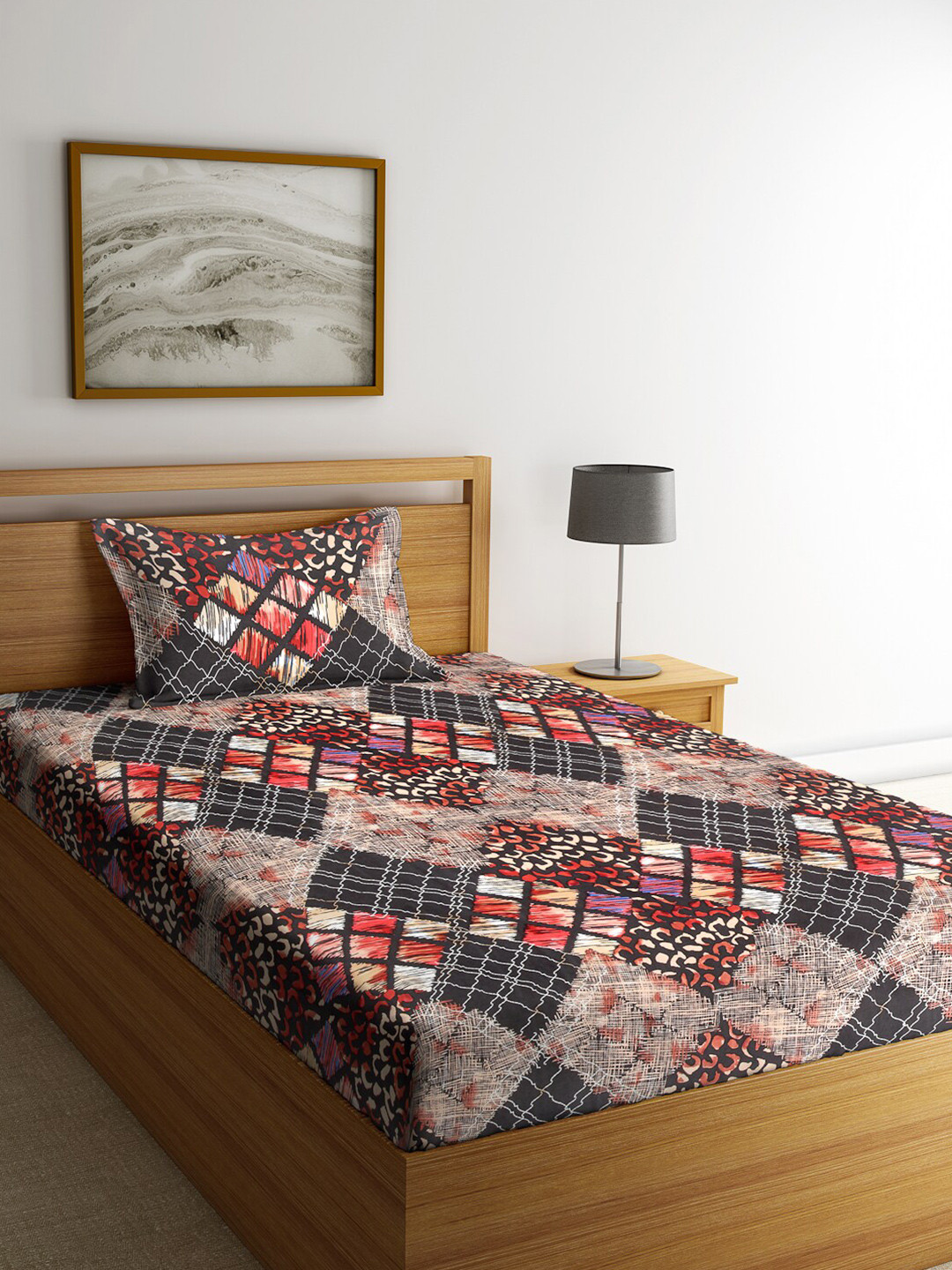 Arrabi Mimosa Black Geometric Polycotton Skin-Friendly 300 TC Single Fine Bedsheet with a Pillow Cover-91 x 59 inches