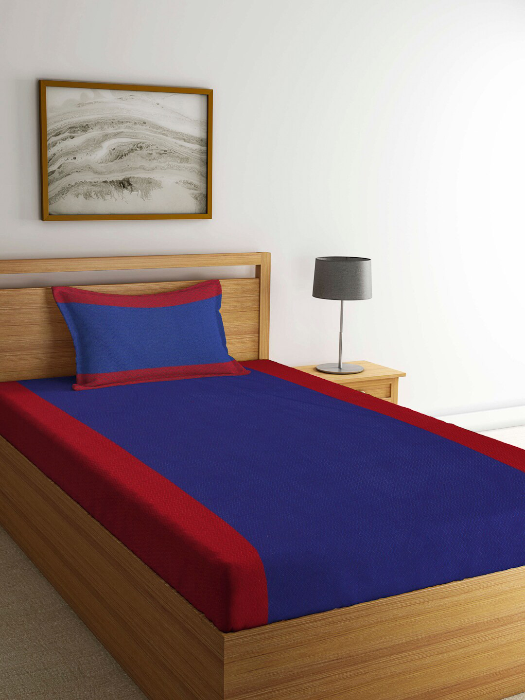 Arrabi Blue Colorblock Cotton Skin-Friendly 300 TC Single Fine Bedsheet with a Pillow Cover-59 x 87 inches