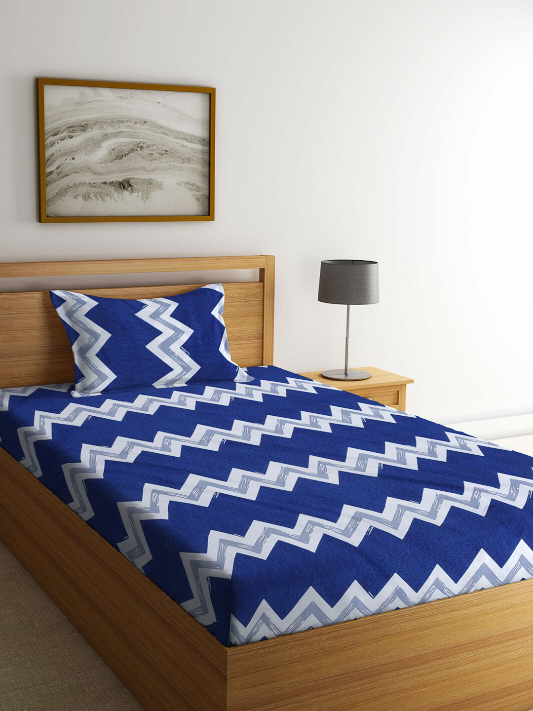 Arrabi Blue Chevron Polycotton Skin-Friendly 300 TC Single Fine Bedsheet with a Pillow Cover-87 x 59 inches