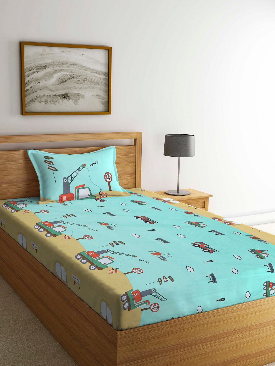 Arrabi Green Conversational Polycotton Skin-Friendly 300 TC Single Fine Bedsheet with a Pillow Cover-225 x 150 x 1 cm