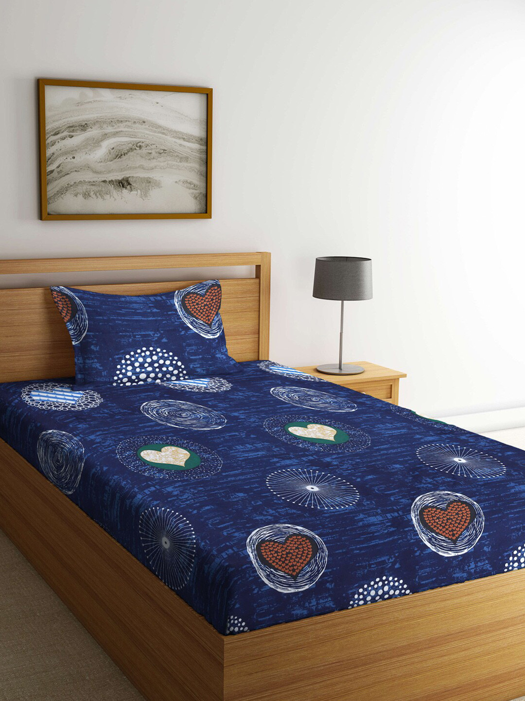Arrabi Blue Graphic Polycotton Light Weight 300 TC Single Fine Bedsheet with a Pillow Cover- 87 x 59 inches