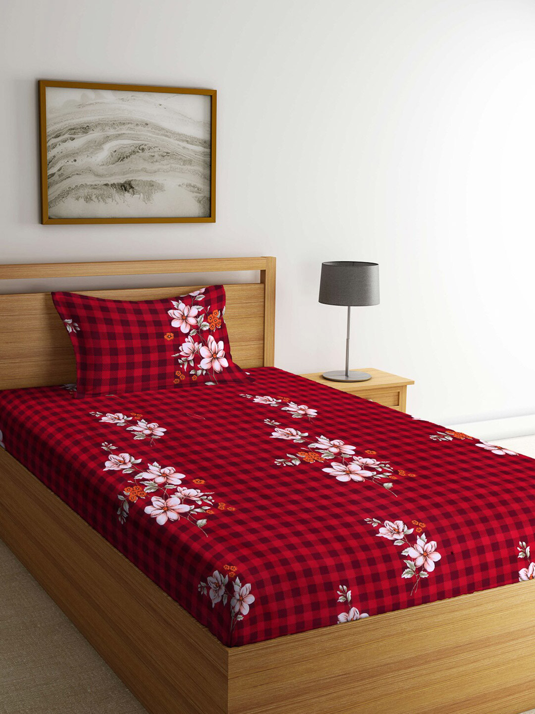 Arrabi Ardour Red Floral Polycotton Skin-Friendly 300 TC Single Fine Bedsheet with a Pillow Cover-220 x 150 cm