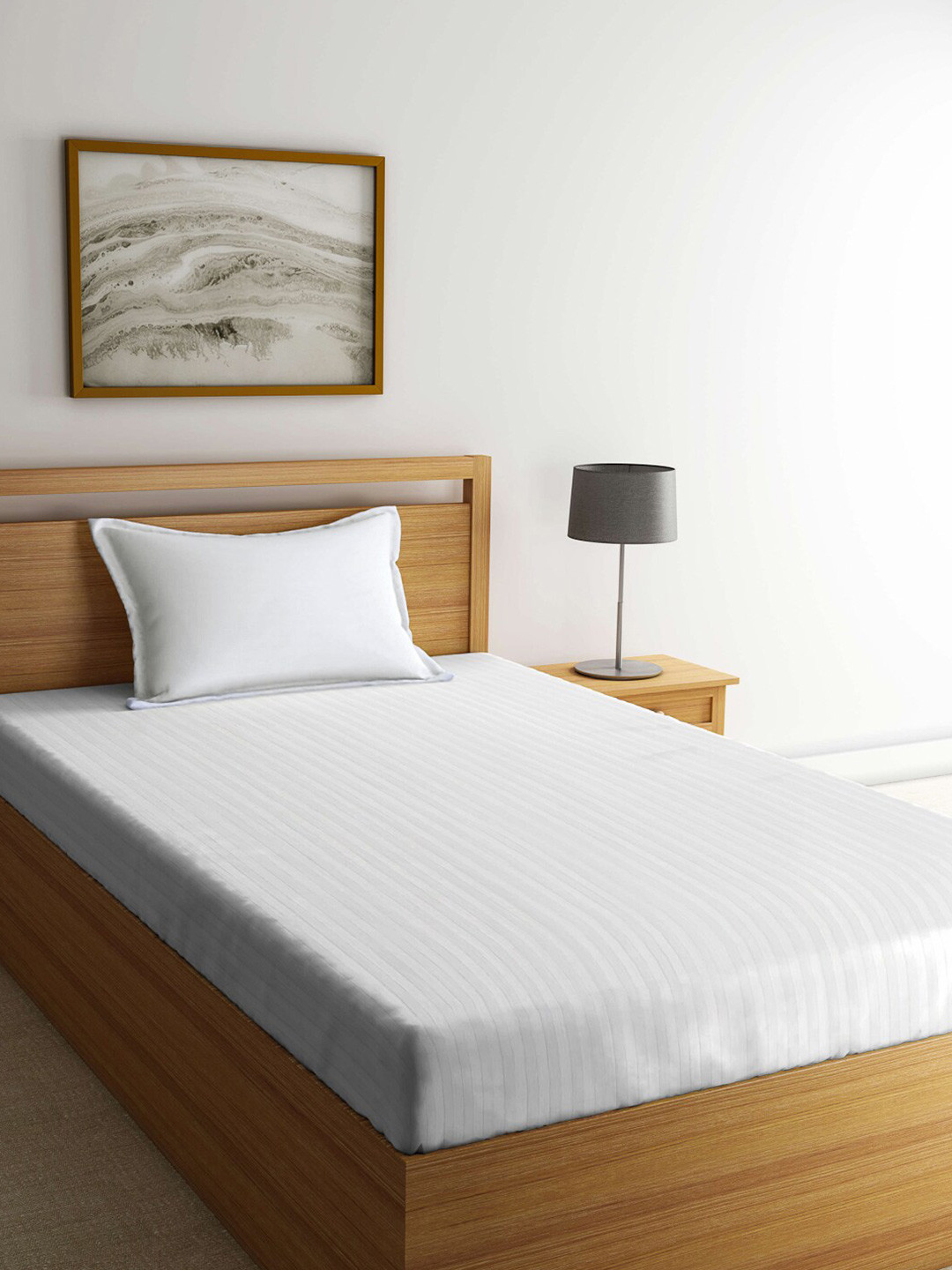 Arrabi White Striped Cotton Skin-Friendly 300 TC Single Fine Bedsheet with a Pillow Cover-91 x 59 inches
