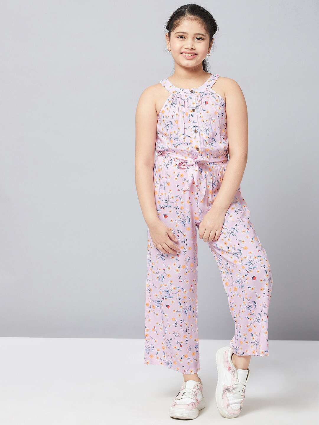 StyloBug Girls Pink & Blue Printed Pure Cotton Basic Jumpsuit