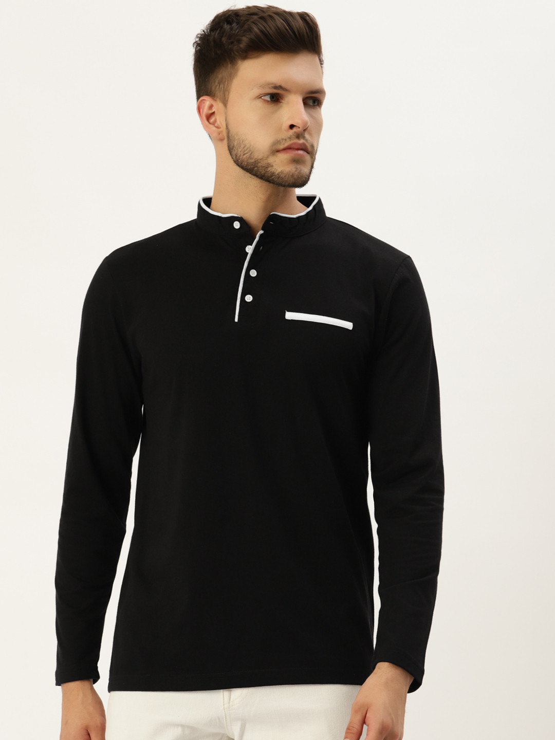 GESPO Men Black Band Collar T-shirt