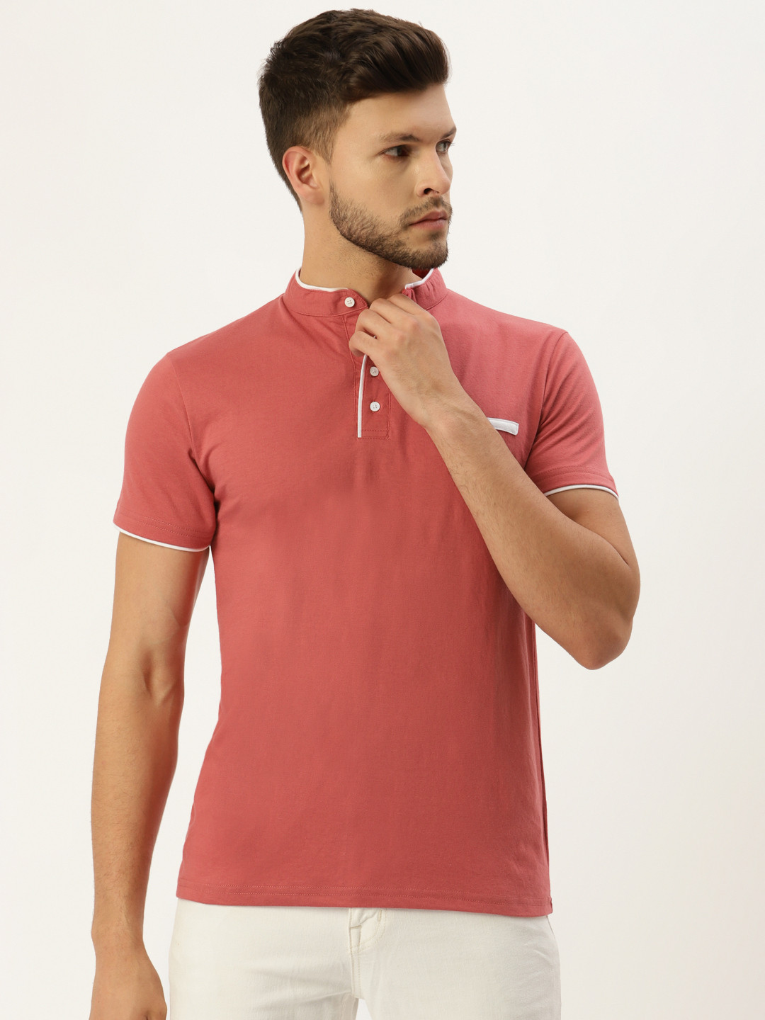 GESPO Men Rose Mandarin Collar T-shirt
