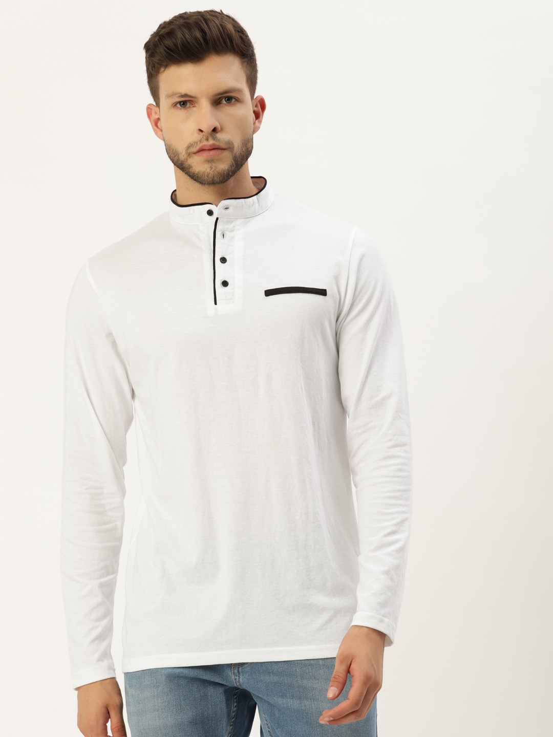 GESPO Men White Henley Neck T-shirt