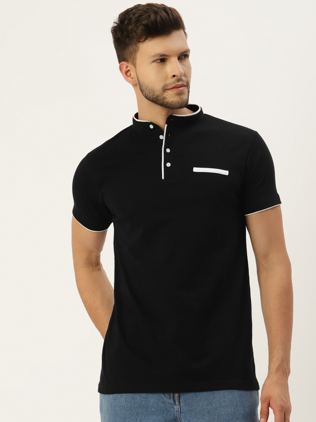 GESPO Men Black Band Collar T-shirt
