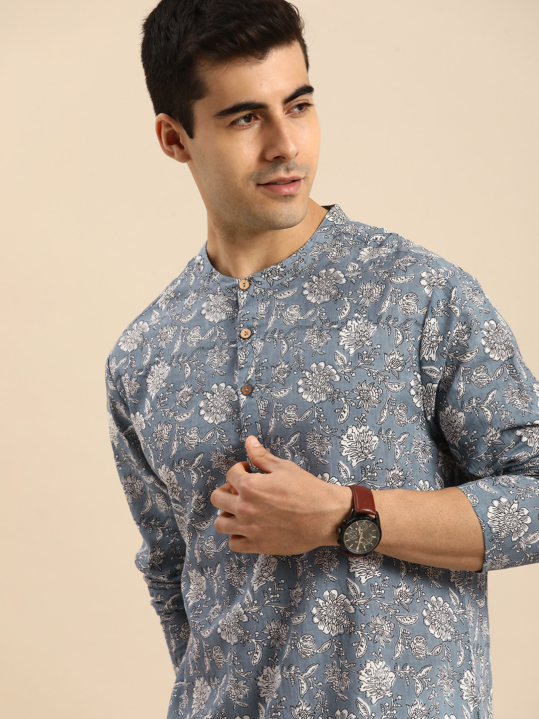 Anouk Men Grey & White Floral Printed Pure Cotton Straight Kurta