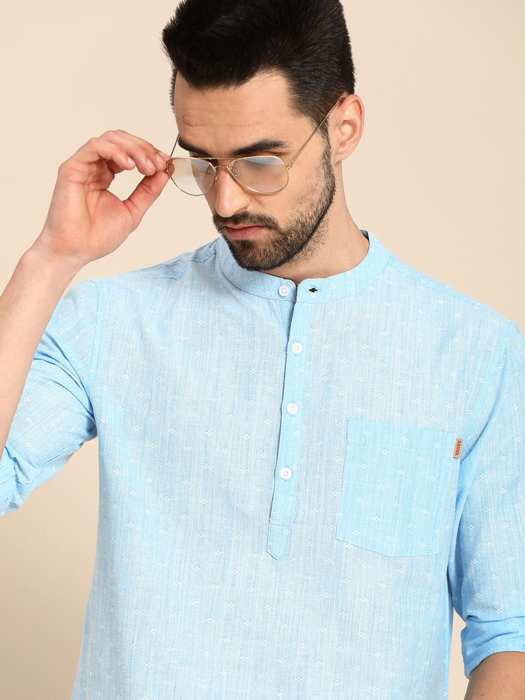 Anouk Men Blue Woven Design  Cotton Short Kurta