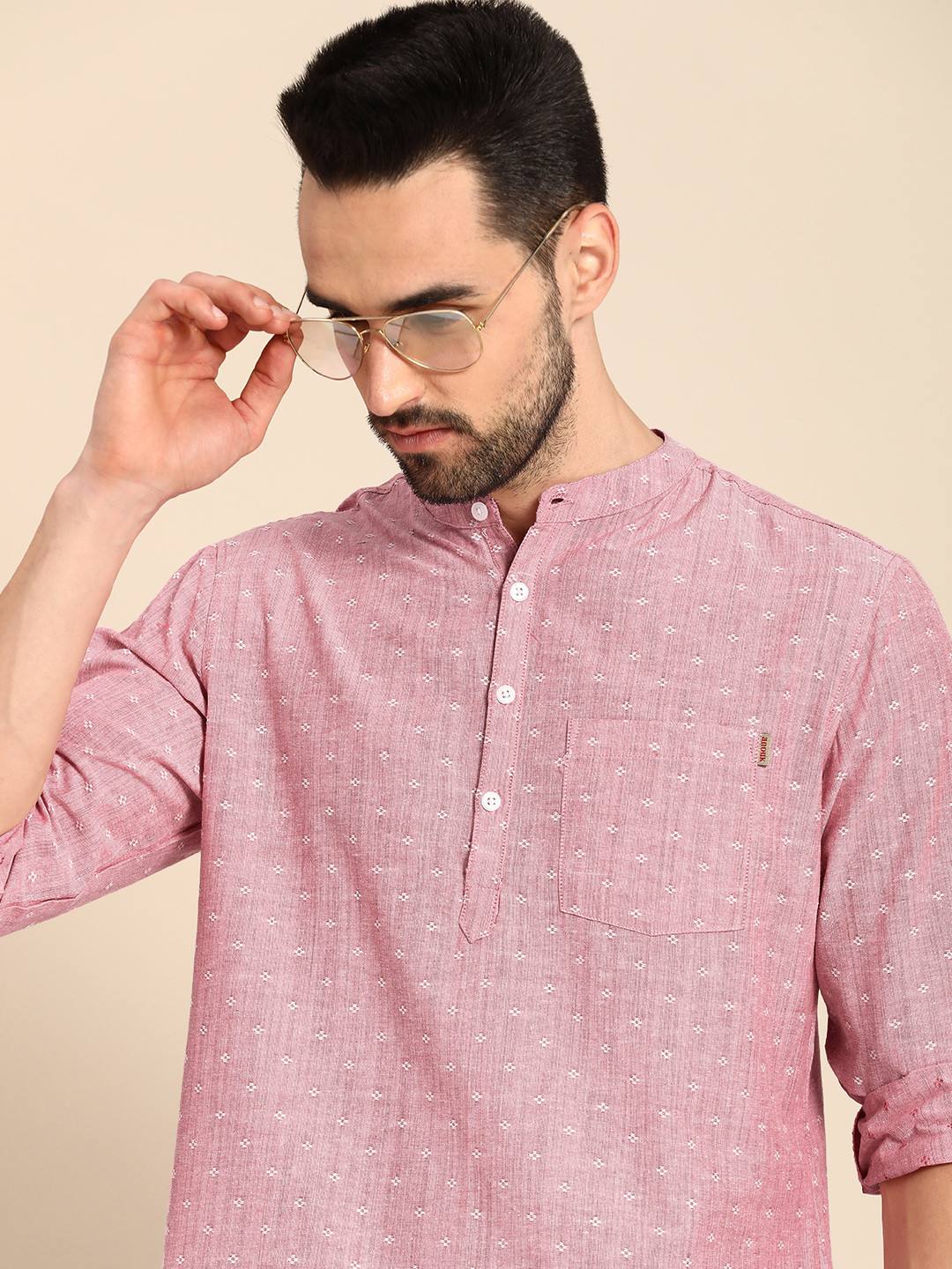 Anouk Men Pink Woven Design  Cotton Short Kurta