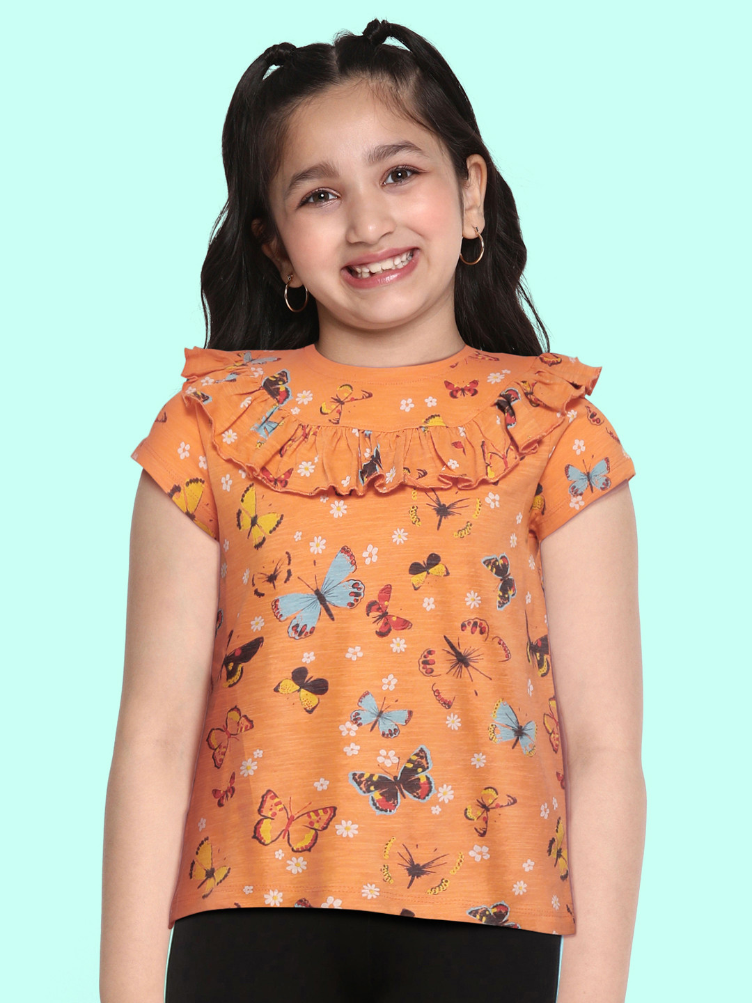 H By Hamleys Girls Orange & Blue Printed Ruffles Pure Cotton Top