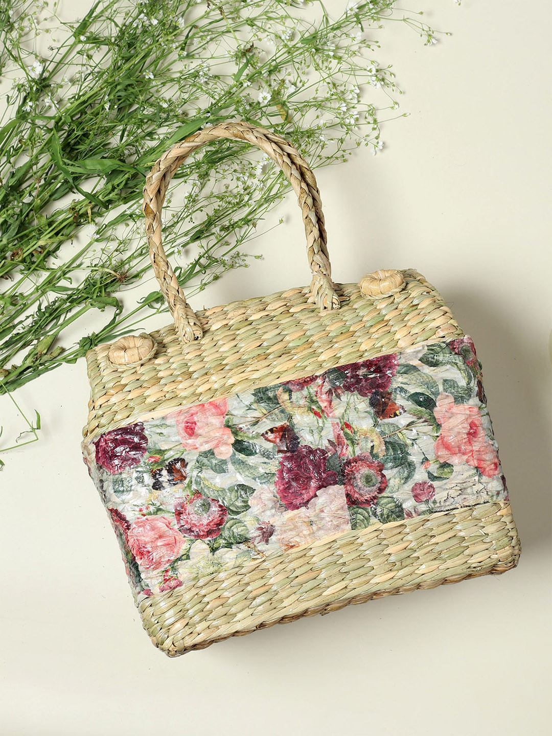 HABERE INDIA Beige Print Weaved Straw Storage Basket