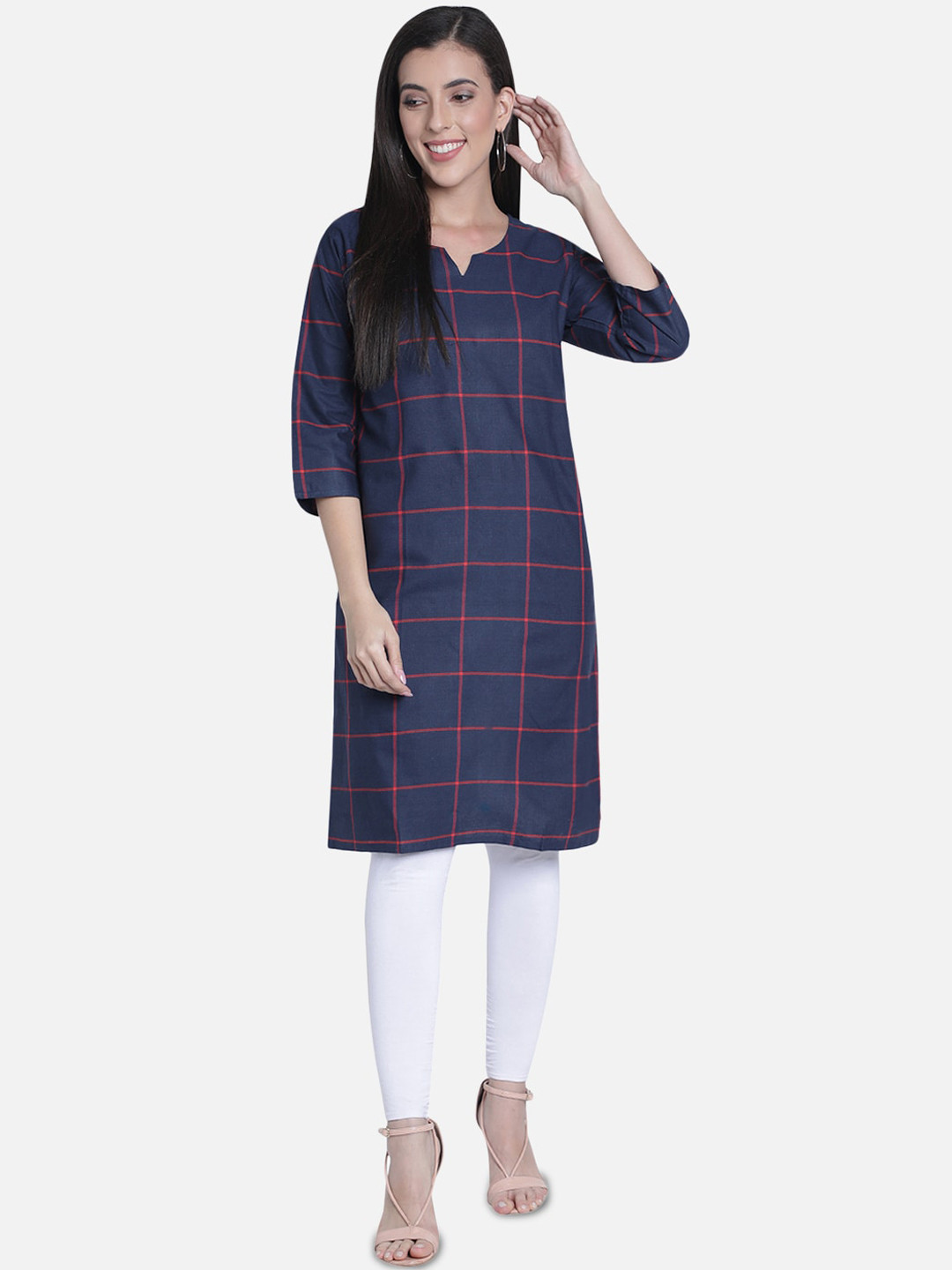 Fabclub Women Navy Blue Checked Kurta