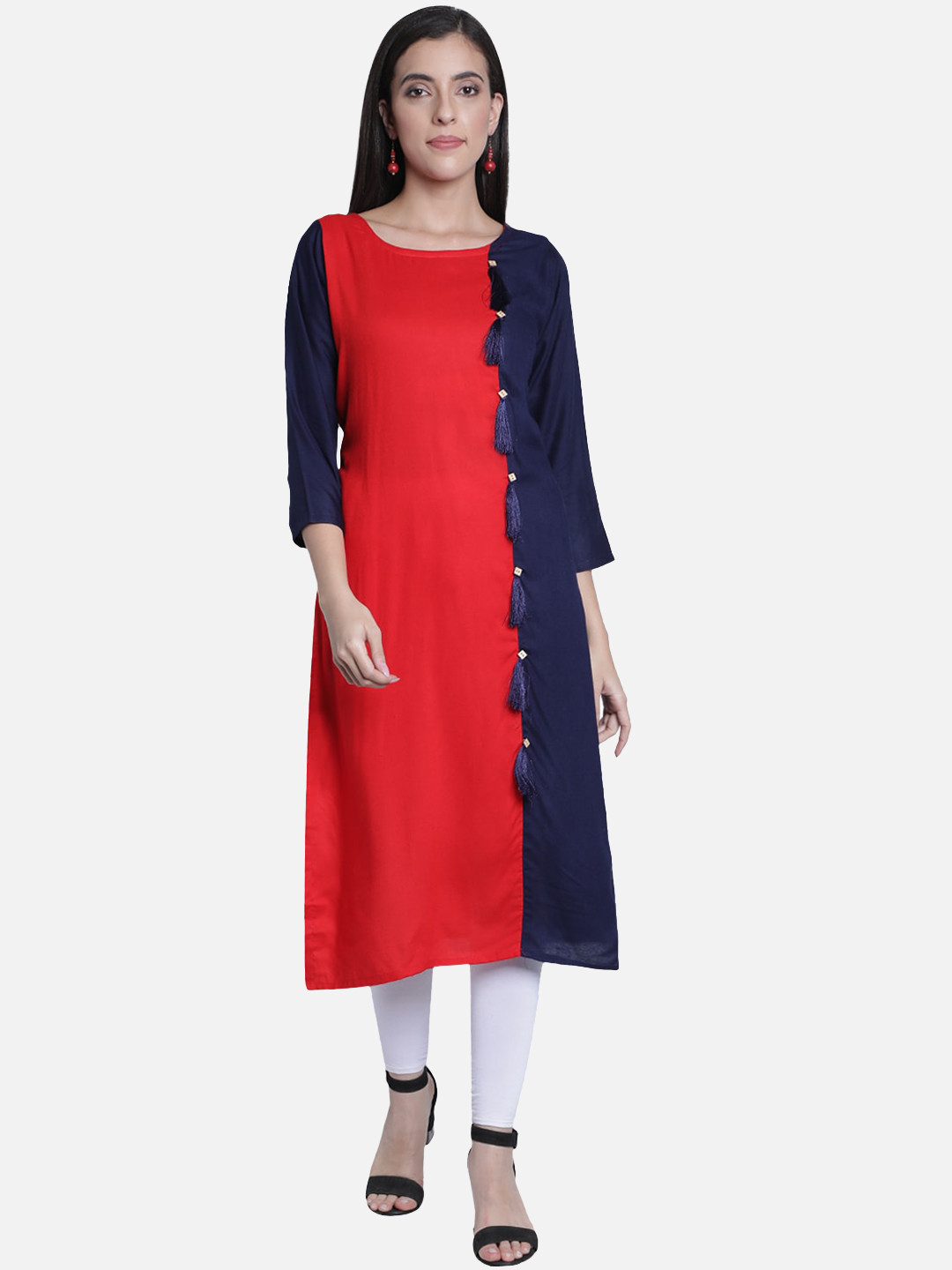 Fabclub Women Navy Blue & Red Colourblocked Kurta