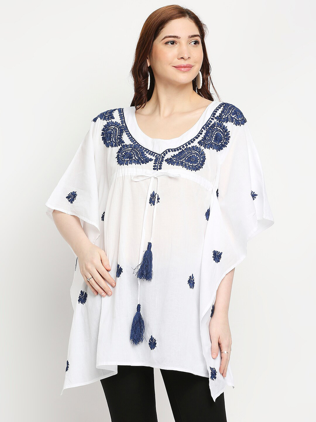 Indiankala4u Blue Pure Cotton Chikankari Embroidered Kaftan Top