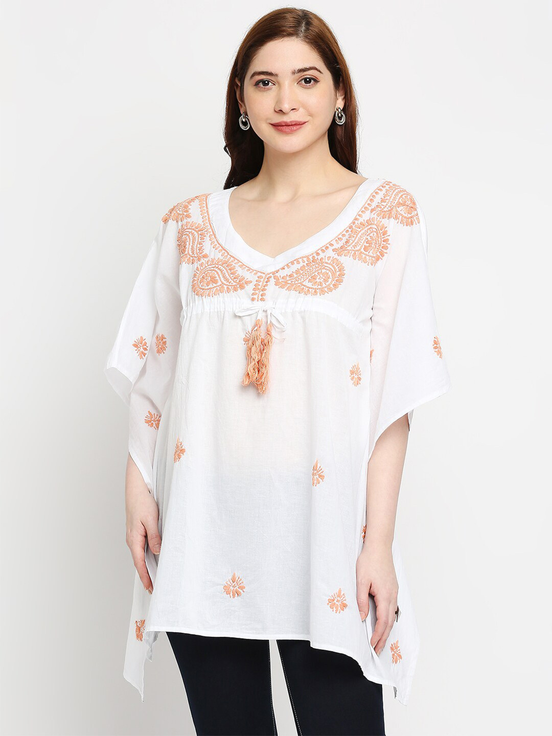 Indiankala4u Women White Floral Embroidered Pure Cotton Kaftan Longline Top