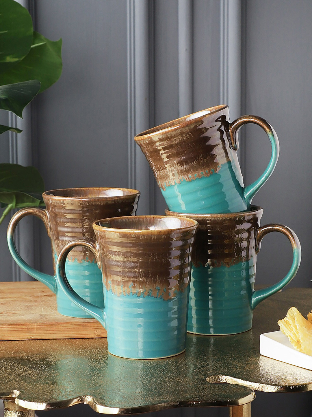 MIAH Decor Blue Textured Stoneware Handcrafted 4 Piece Mugs-350ml