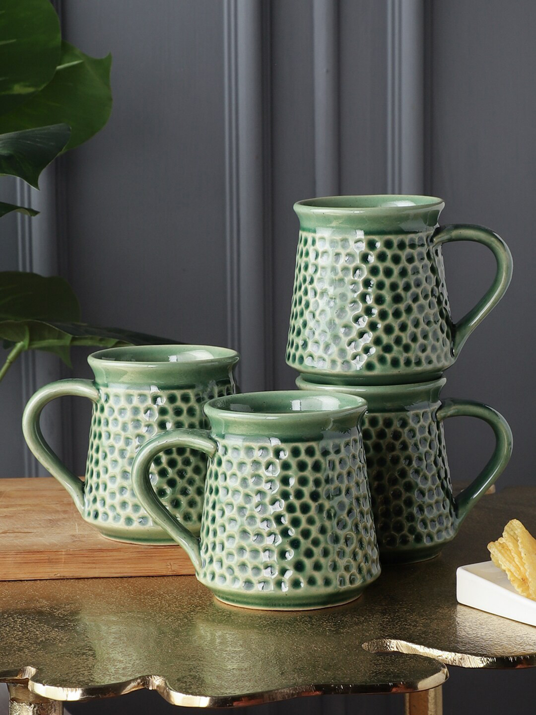 MIAH Decor Ashwin Name Personalised Green Textured Stoneware Microwave Safe 4 Piece Mugs-330ml