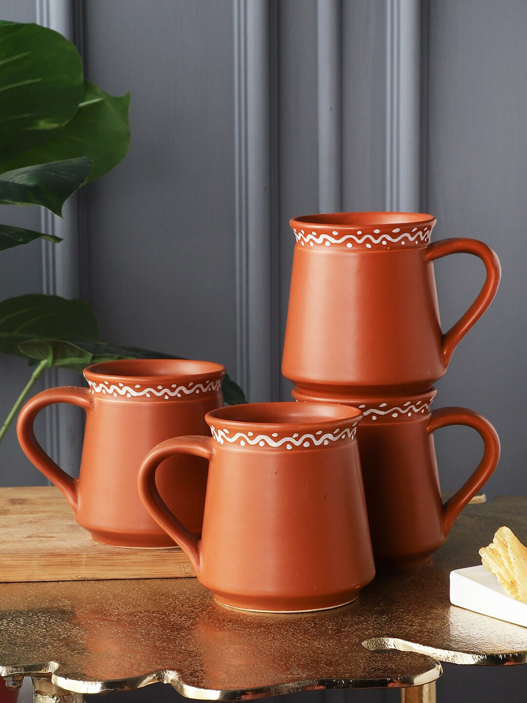 MIAH Decor Coffee Mugs Brown Ethnic Motifs Ceramic Microwave Safe 4 Piece Mugs-350ml